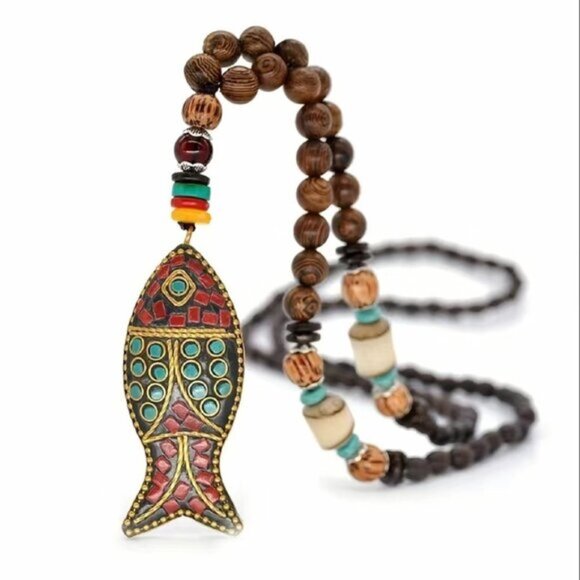 Boho Fish of Life Beaded Wooden Necklace - Picture 1 of 4